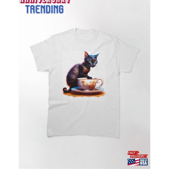 Black Cat And Porcelain Coffee Cup Classic Tshirt - Picture 1 of 4